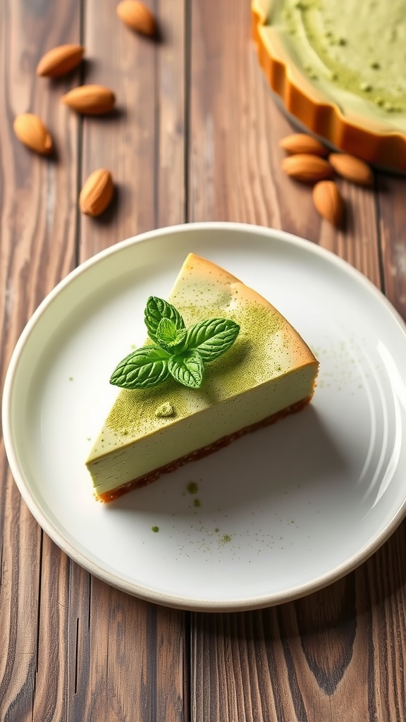 A slice of matcha protein cheesecake on a plate, garnished with matcha powder and mint leaves, set on a rustic wooden table.